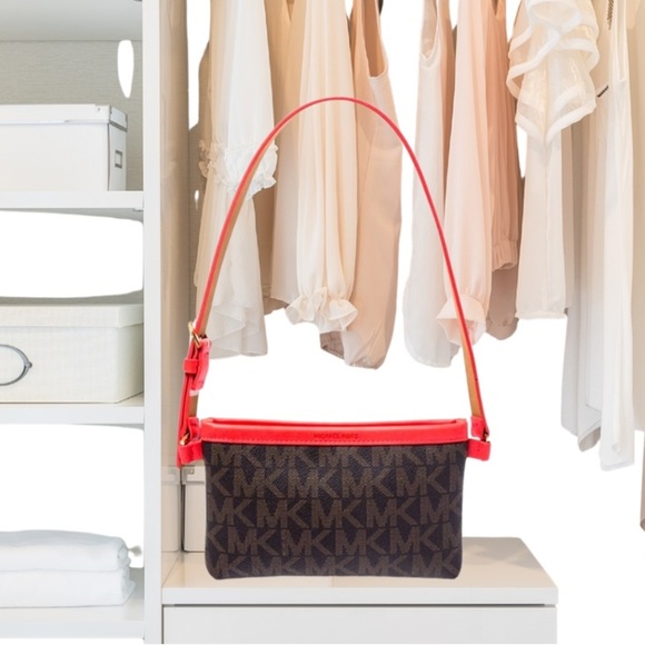 MICHAEL Michael Kors Brown/Red Signature Coated Canvas and Leather Belt Bag - Picture 1 of 15
